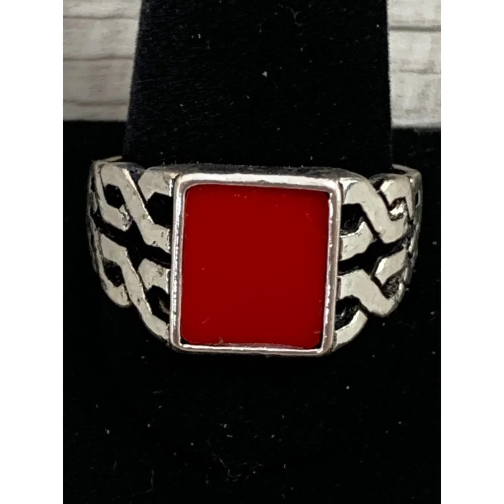 Mens Red Enamel Celtic Knot Silver Tone Signet Fashion Ring Size 13.25
